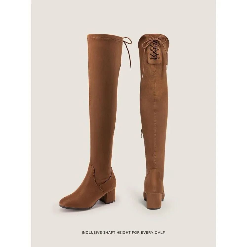 Women's Brown/Suede Faux Leather Over The Knee Thigh High Chunky Heel Long Boots